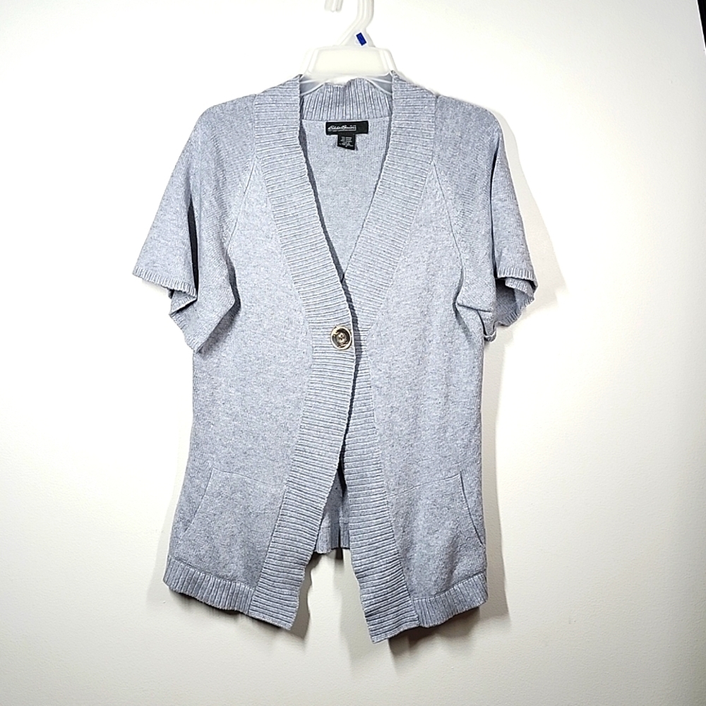 Vintage Eddie Bauer gray single button short sleeve cardigan sweater Neutral med